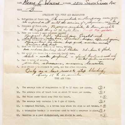 Test form for Auxiliary Fire, First-Aid Examination, c. 1950s