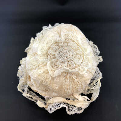 Silk lined Baby Bonnet of machined lace, c. 1880s -1890s