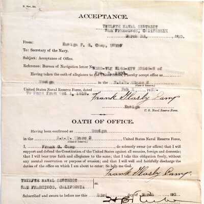 Frank G. Camp's Letter of acceptance of position of Ensign, Naval Reserve, 1920