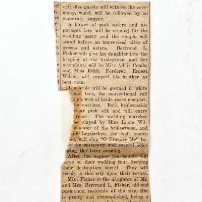 Partial clipping about the marriage of Myrtle Fisher and Sidney Wilson, c. 1916