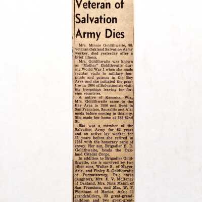 Clipping about death of Mrs. Minnie Goldthwaite, 1956