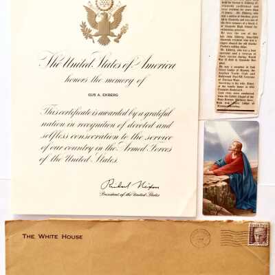 Certificate in memory of Gus Ekberg, for service in WW-II, 1973