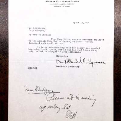 Letter about Mary Paiva as Social Worker at the City Health Center, 1924