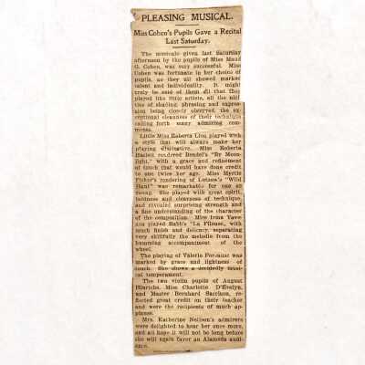 Clipping 'Pleasing Musical' about a performance by pupils of Maude G. Cohen, c. early 1900s