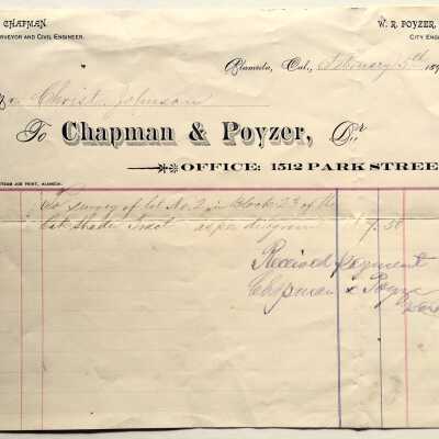 Receipt from Chapman and Poyzer for survey in Oak Shade Tract, 1891