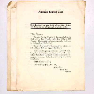 Flyer announcing Alameda Boating Club meeting and death of Jack Lewis, 1930-1931