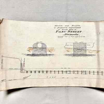 Sketch of a concrete structure at end of Paru Street, c. 1890