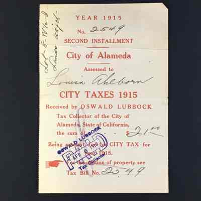 City Tax Form Stub, Lands Adjacent to Encinal, 1915