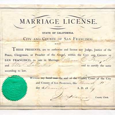 Marriage license of William C. Forsyth to Ella Ballentino, 1869