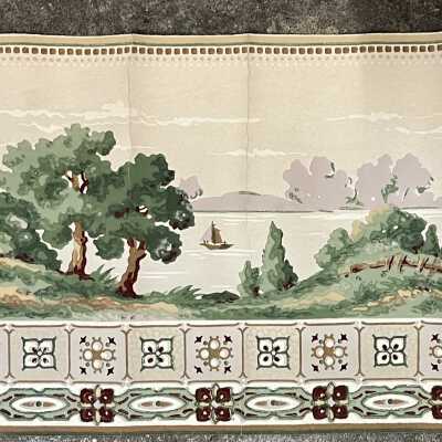 Wallpaper border depicting a lake with sailboats and trees, c. 1920