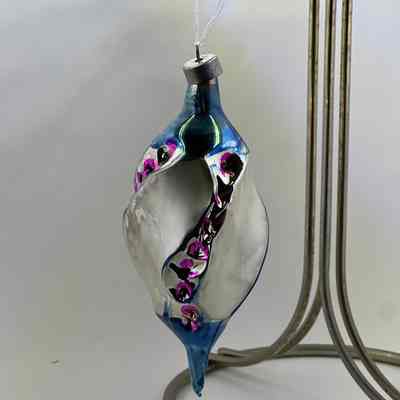 Silver, Blue, and Pink Twist Cylindrical Glass Christmas Ornament, c. 1980s