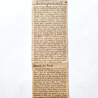 Oakland Tribune clipping about incorporation of Alameda, prior to 1971