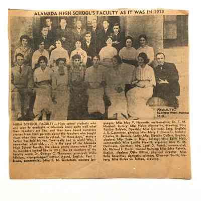 Clipping about Alameda High School Faculty of 1913