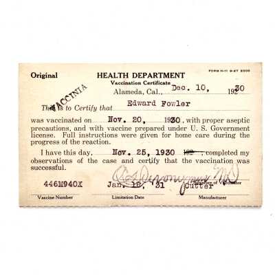 Vaccination Certificate issued by the Health Department of Ed Fowler, 1930