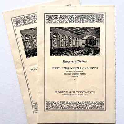 Programs reopening service First Presbyterian Church, 1939