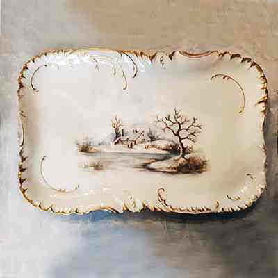 Limoges tray with winter scene painted and signed by Bertha May, 1893
