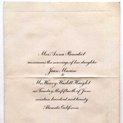 Announcement marriage H. H. Haight to Jean Marion Benedict, 1920