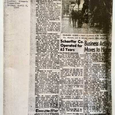 Clipping about G. Schaeffer Company, grocery store, 1953