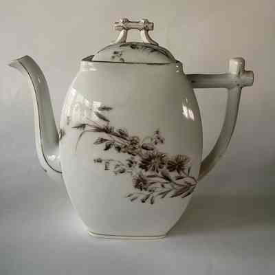 Ch. Field Haviland Limoges flat-sided porcelain teapot with hand-painted flowers, c. 1890