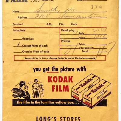 Photo envelope advertising Long's Stores, 1953