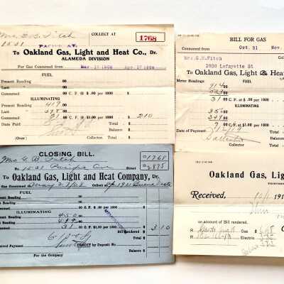 Oakland Gas, Light & Heat Co. Bills for gas for the Fitch Family, 1908-1911
