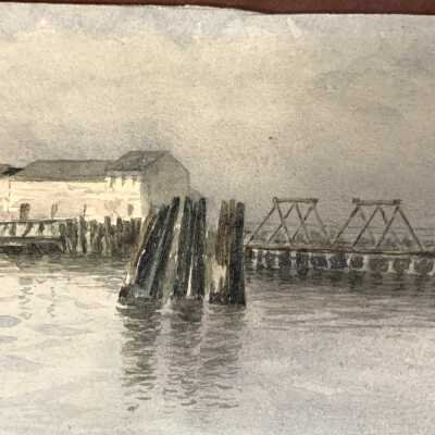 Watercolor sketch of a trestle or wharf scene, 1890
