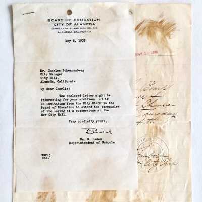 Papers to and from Board of Education, about laying cornerstone City Hall, 1895