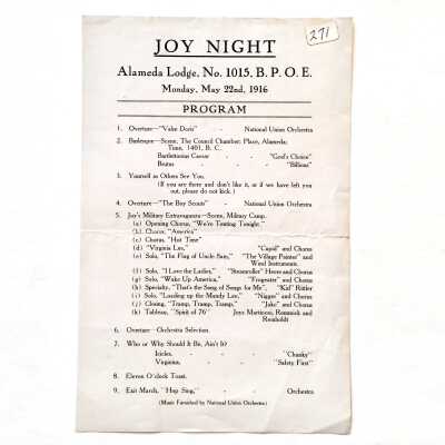 Program for Elks Lodge musical presentation 'Joy Night', 1916