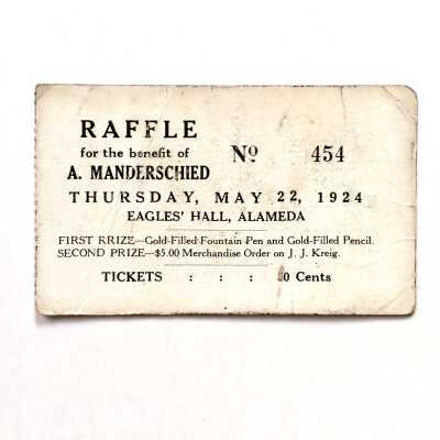 Ticket for a Raffle, Eagles Hall, May 22, 1924