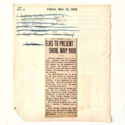 Journal page + Newspaper Clipping re Elks play 'Advertising Pays' on Mare Island, 1918