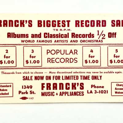 Advertising postcard Franck's Music & Appliances, 1951