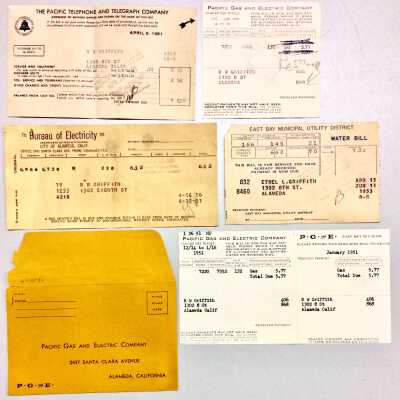 Utility Bills and stubs from 1302 Eight Street, 1951