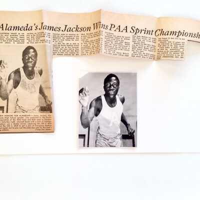 Photo and clipping of AHS Sprinter James Jackson, 1954