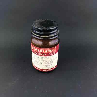 Amber medicine bottle prescribed by Dr. White, from Sutherland Pharmacy, 1961