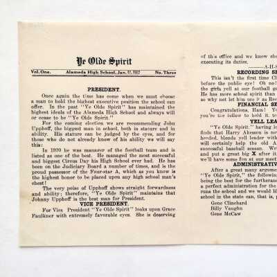 Alameda High School Flyer 'Ye Olde Spirit' about class officers, 1922