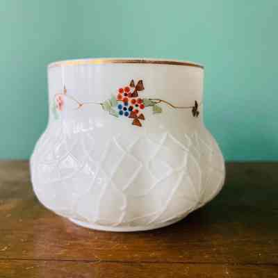 Opalescent pressed gass vase with enamed flowers and leaves, c. 1890s