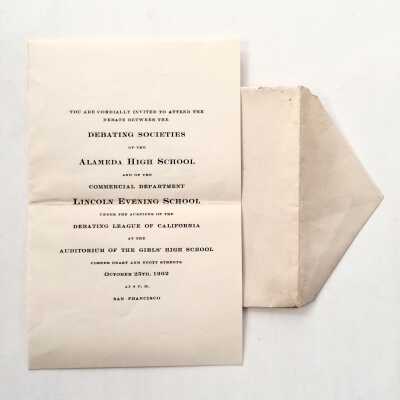 Invitation to attend Debate of Alameda High and Lincoln Evening School, 1902