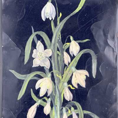 Oil painting of white flowers on tin by Alice M. Chipman, c. 1890s