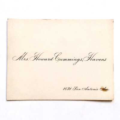 Calling card of Mrs. Cummings Havens of 1031 San Antonio Ave, between 1896 and 1902