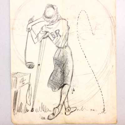 Pencil sketch of Bunny Fergus Ross hitting a hole-in-one, prior 2009