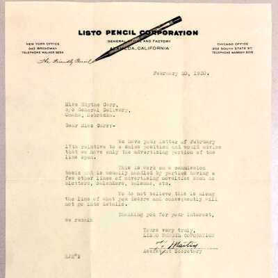 Letter on Listo Pencil Co. Stationery, 1930