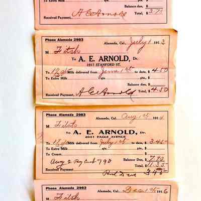 Receipts for milk from A.E. Arnold, 1909-1916