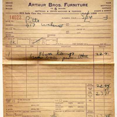 Sales Receipt from Arthur Brothers Furniture, 1953