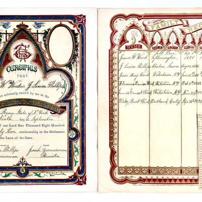 Bible pages with family history of the Wood family, 1875-1891