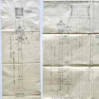 Drawings of lamp post, path to studio / library annex, 2024 Central Ave, 1935-1936