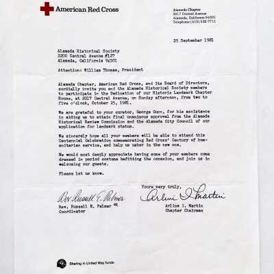 Letter about dedication of chapter house Red Cross at 2017 Central, 1981
