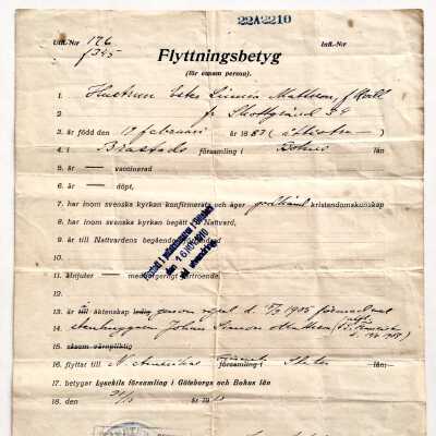 Immigration form for Gustaf Arthur Ekberg, 1910