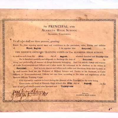 Certificate of appointment Winn J. Bagley to corporal, ROTC, AHS, 1931