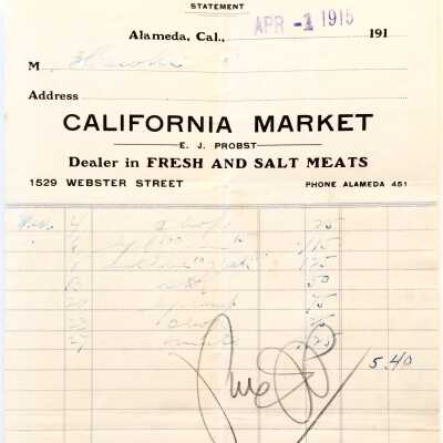 Receipt from California Market, c. 1915