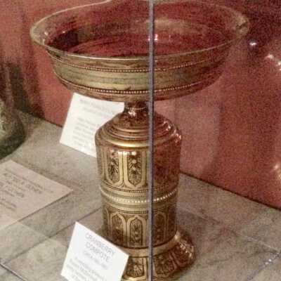 Cranberry glass compote, wedding present for Mr. & Mrs. P.A. McDonell, mid 19th century